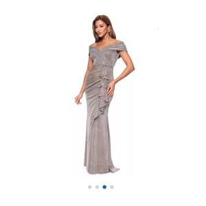 Xscape Womens Shimmery Silver Evening Gown Off Shoulder Side Ruffle Formal Dress